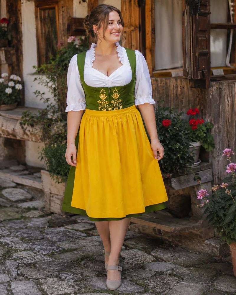 Vintage Dirndl Grün mit Stickerei & Schürze – Gr. 48/50