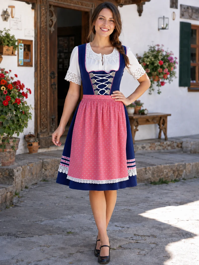 Vintage Salzburger Dirndl Gr. 36 – Blau mit Schnürung, Bluse & rosa Schürze