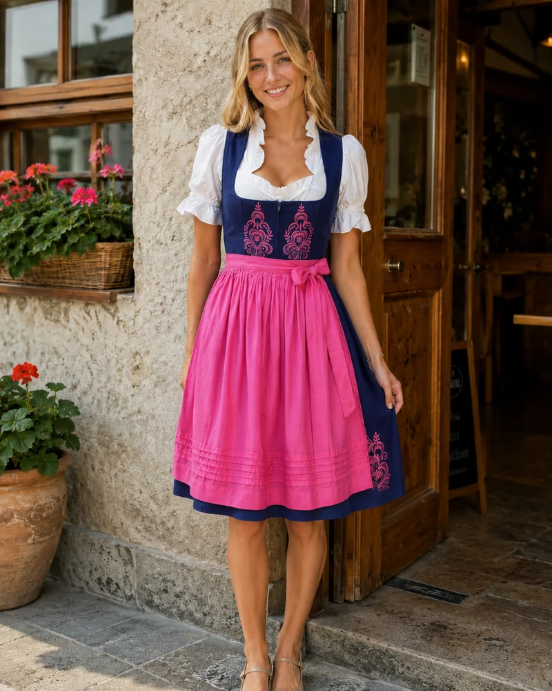 Vintage Dirndl Gr. 40 Blau mit pinker Stickerei, Bluse & Schürze