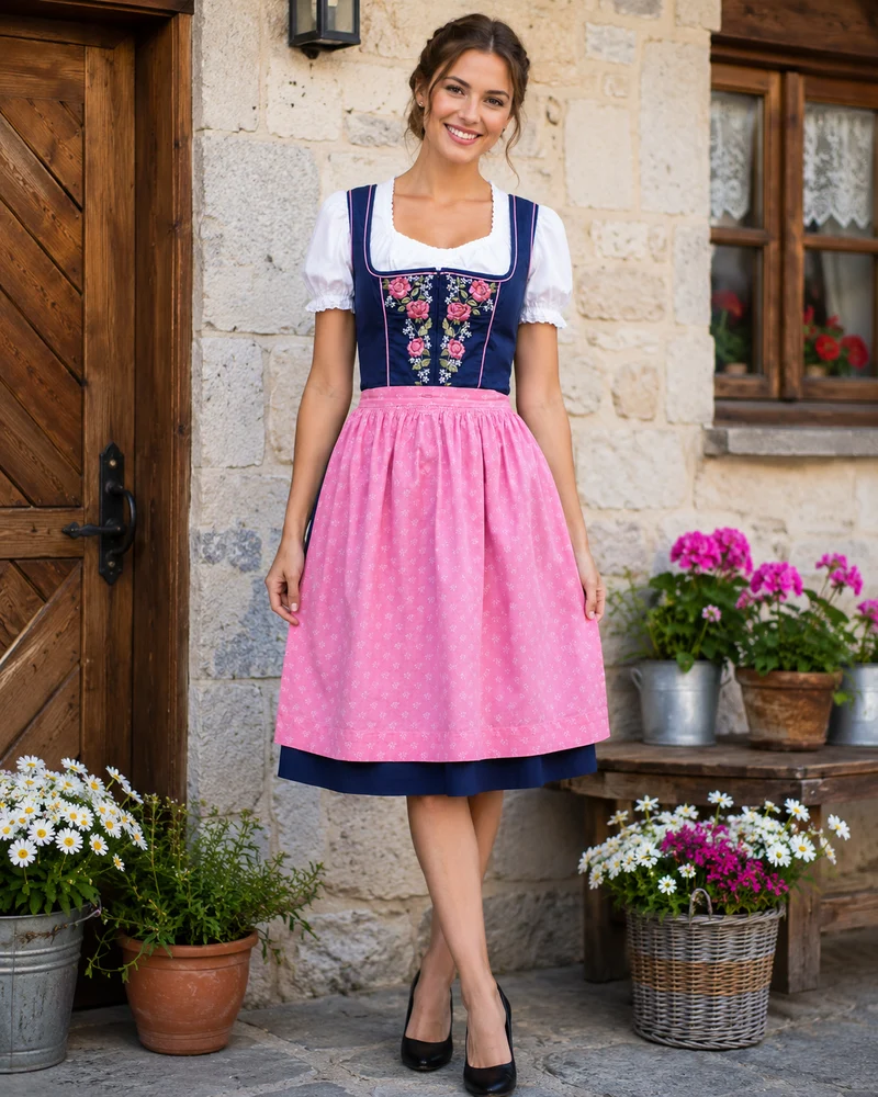 Vintage Dirndl Gr. 40 dunkelblau mit Rosenstickerei, Bluse & rosa Schürze