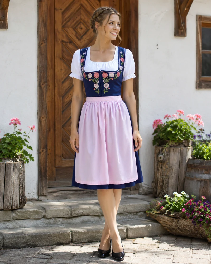 Vintage Dirndl Gr. 38 – Dunkelblau mit Blumenstickerei & rosa Schürze