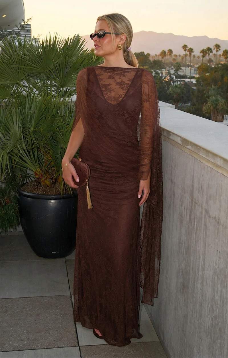Angelina Maxi Dress ~ Chocolate Luxe Satin With Lace