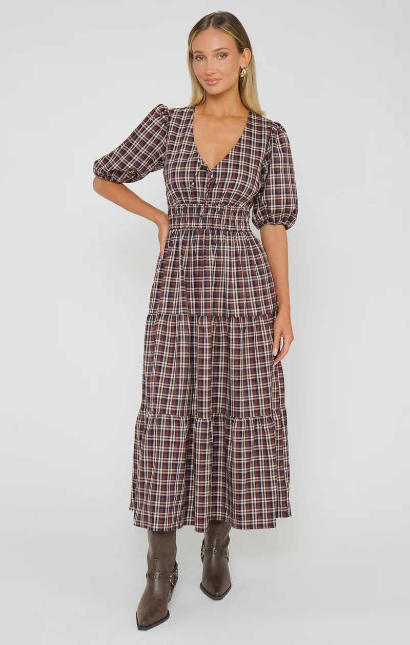 Brianna Midi Dress ~ Saddle Plaid