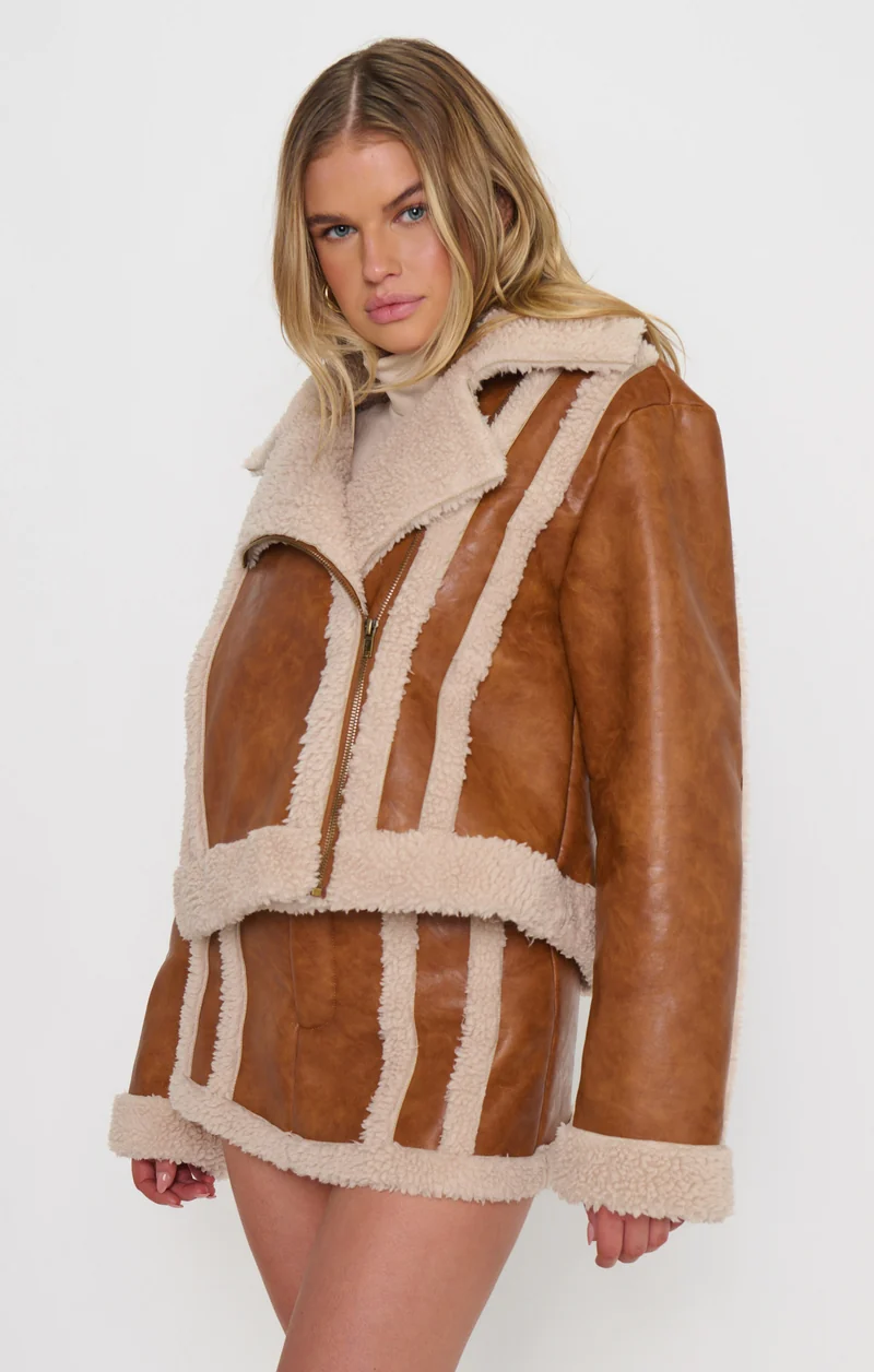 Laurel Canyon Jacket ~ Cognac Faux Leather w/ Sherpa