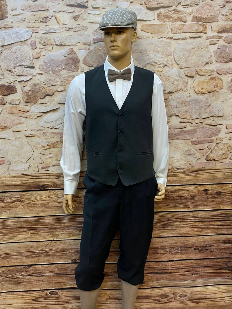20er Jahre Knickerbocker Outfit Herren Gr. 56 – dunkelgrau mit Weste & Schiebermütze