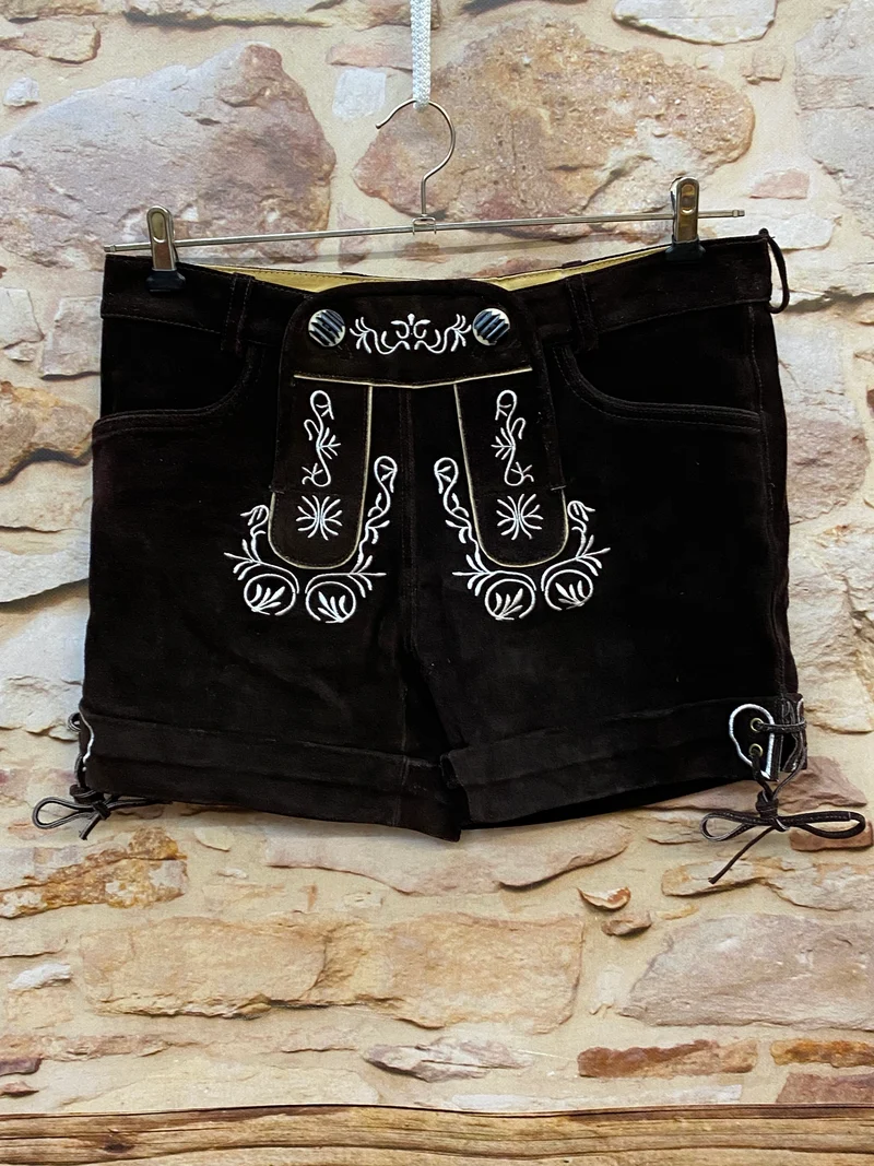 Kurze Vintage Damen Lederhose Braun bestickt – Gr. L