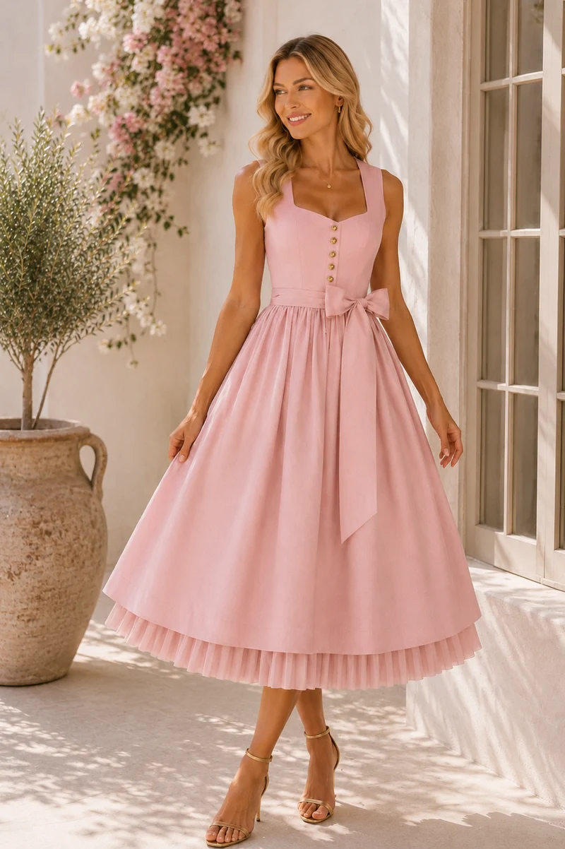 Dirndl Puderrosé Plissee mit TENCEL™-Leinenschürze – 75 cm | LIGA DI BAVARIA
