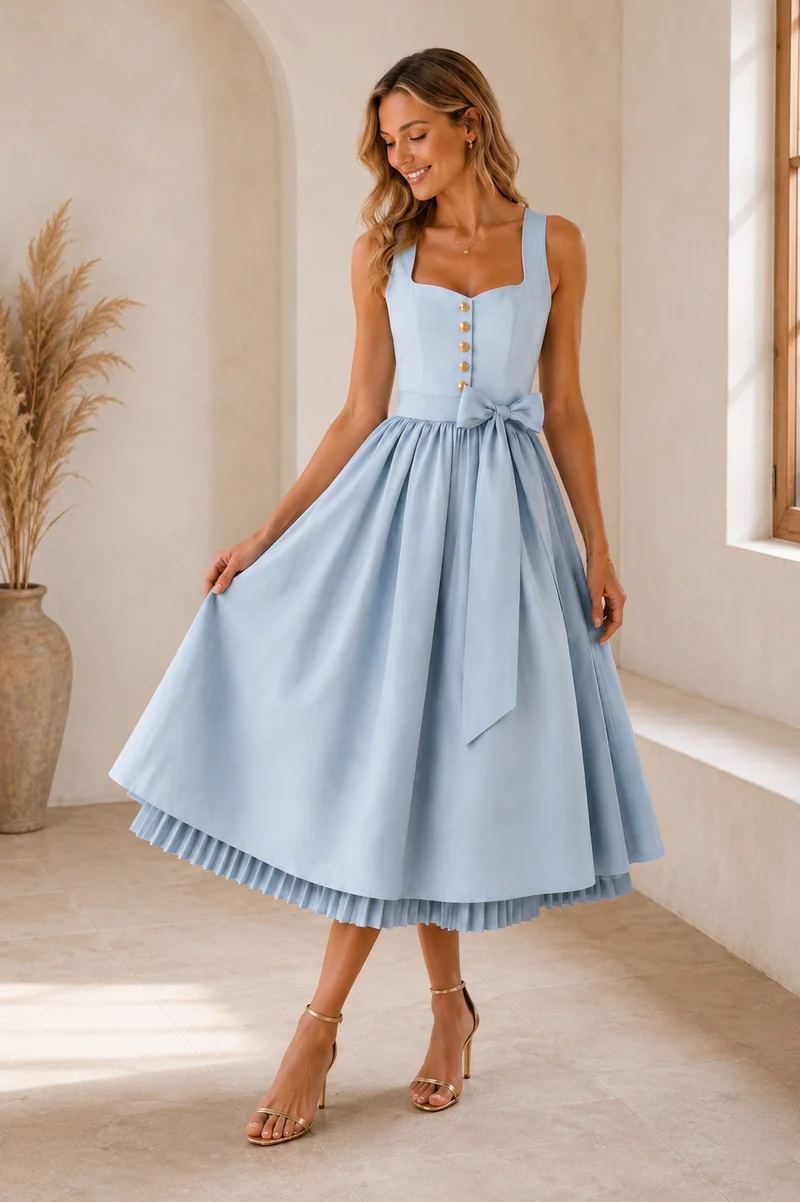 Eisblaues Plissee-Dirndl mit TENCEL™-Leinenschürze – 75 cm | LIGA DI BAVARIA