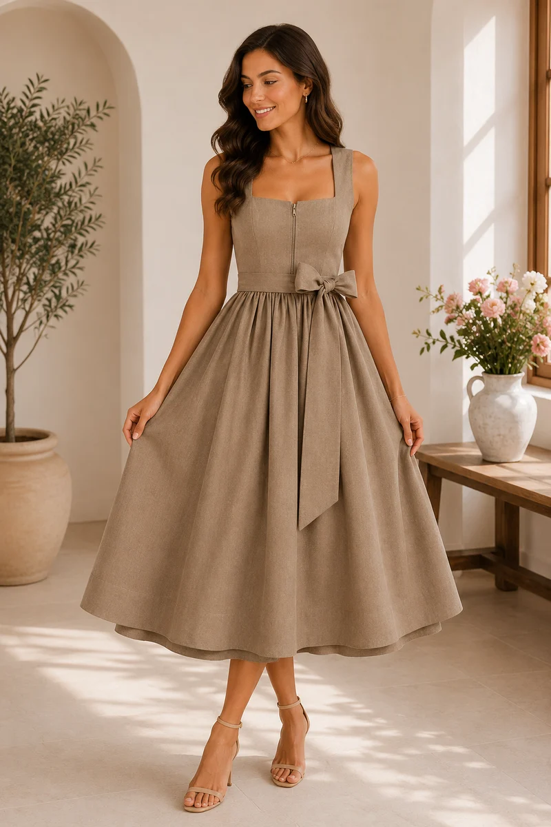 Dirndl Sand mit TENCEL™-Leinenschürze – 75 cm | LIGA DI BAVARIA