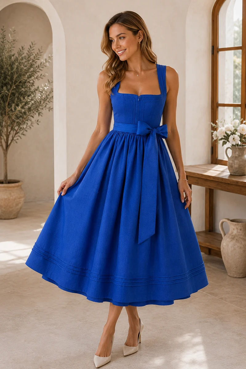 Dirndl Royal Blau Leinen mit Schnursteppung & TENCEL™-Schürze – 75 cm | LIGA DI BAVARIA