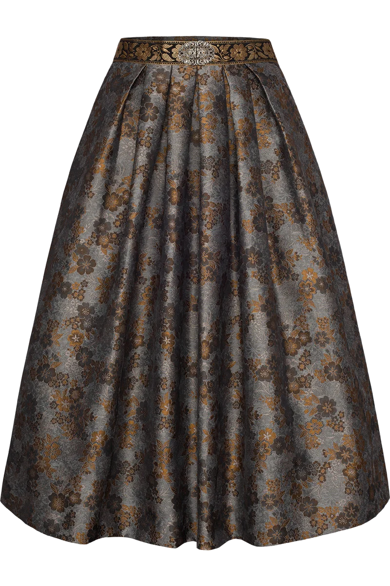 Midi-Trachtenrock mit Blumenmuster und verziertem Gürtel - grau