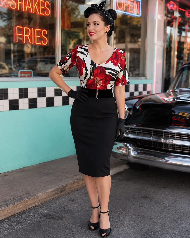 Rockabilly Damen-Outfit Gr. 38 mit Pencilrock