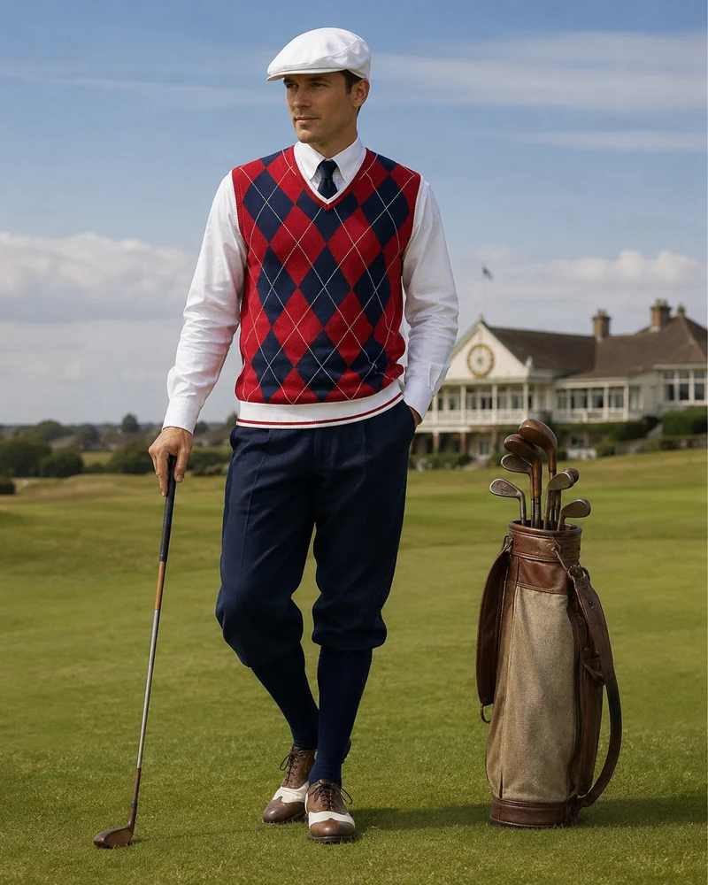 20er-Jahre Hickory Golf Outfit Gr. 50 mit Knickerbocker, Pullunder, Hemd, Mütze & Strickkrawatte