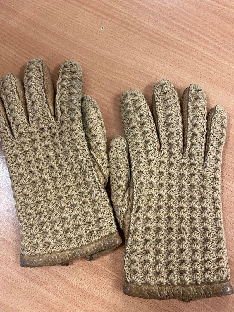 Vintage Lederhandschuhe mit Strickrücken Braun Beige