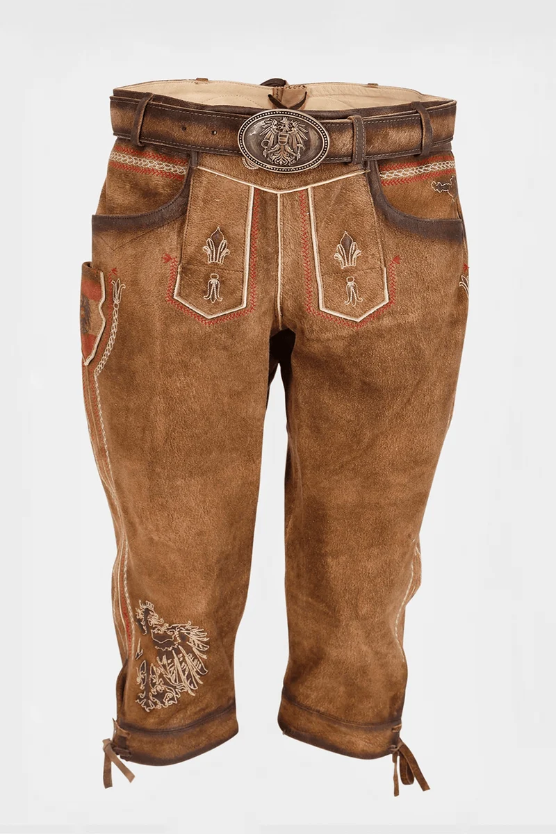 Kruger Men's Lederhosen "Mei Hoamat Kniebund" with Belt - Brown