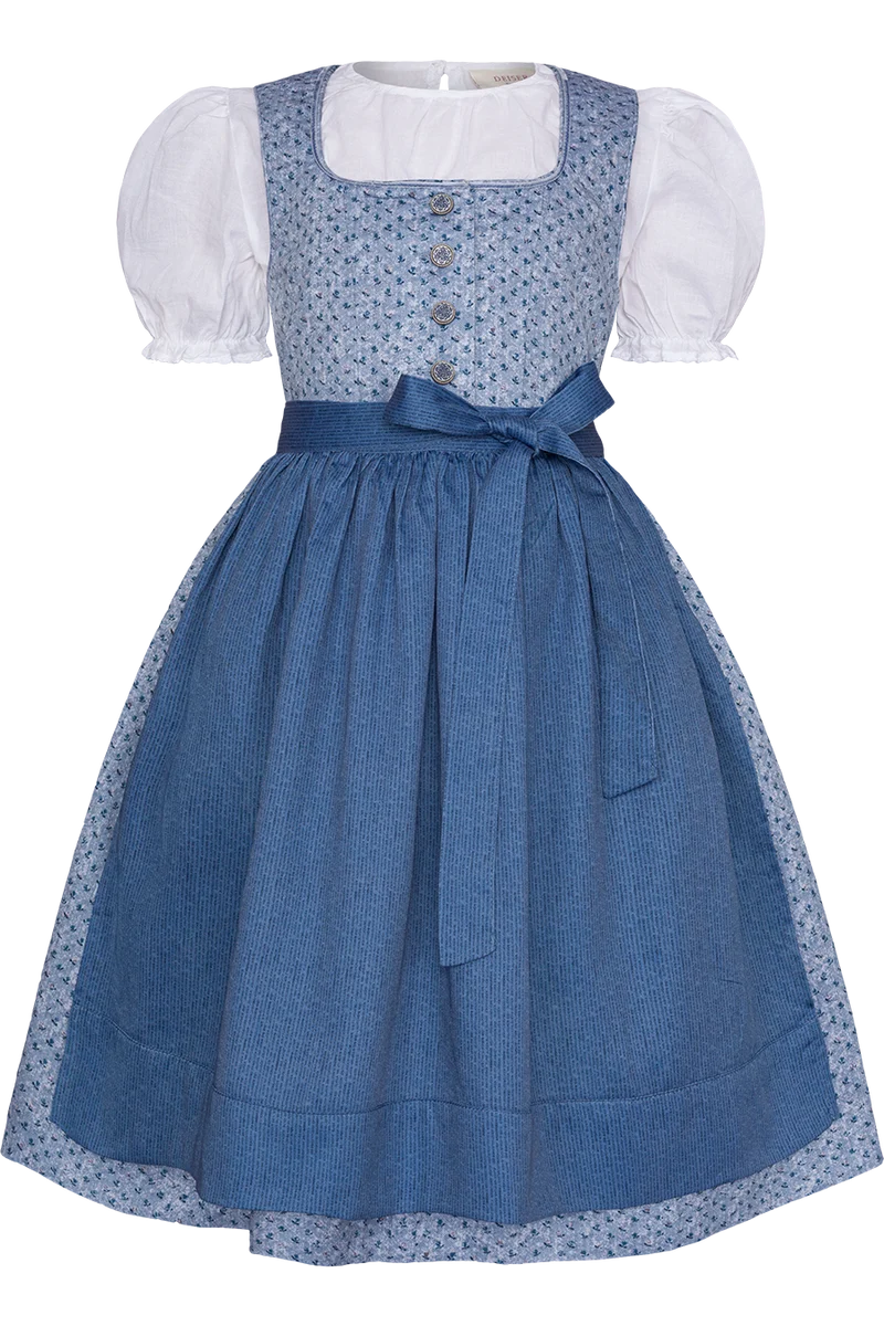 Kinderdirndl mit Blumenmuster und Puffärmelbluse - salzburger blau