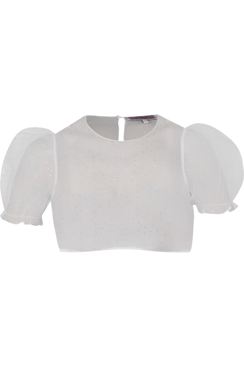 Dirndlbluse transparent mit Puffärmel und Punktedesign - lichtgrau