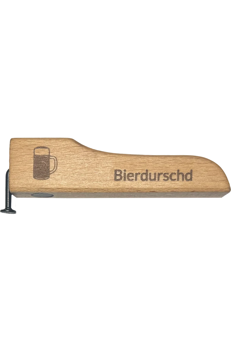 Flaschenöffner Holz mit Spruch und Nagel - bierdurschd