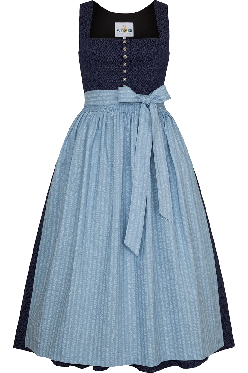 Dirndl lang aus Baumwolle mit eckigem Ausschnitt - marine hellblau