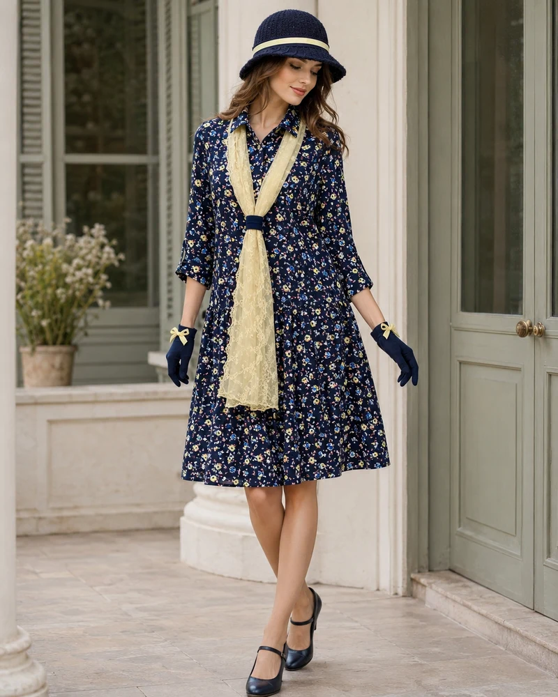 20er Jahre Damen Outfit Gr. 42 | Dunkelblaues Kleid