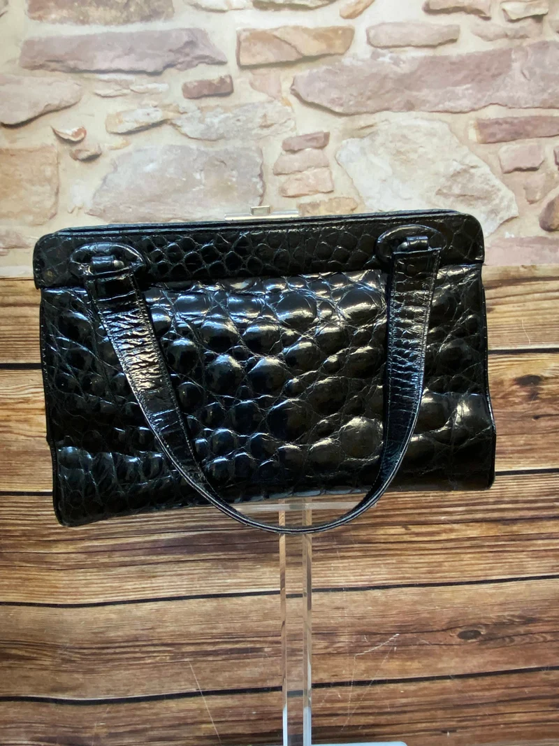 Vintage Handtasche Schwarz mit Kroko-/Reptilleder-Struktur