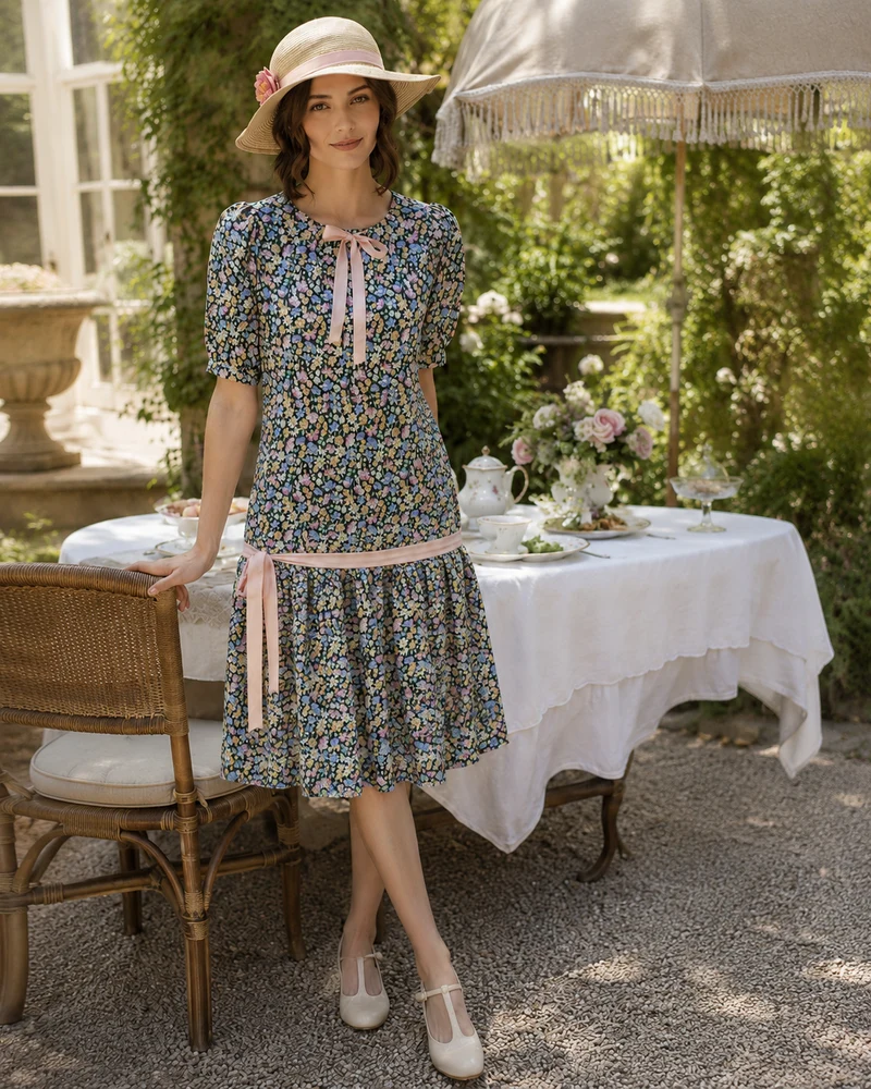 20er Jahre Damen Outfit Gr. 44 | Kleid mit Strohhut