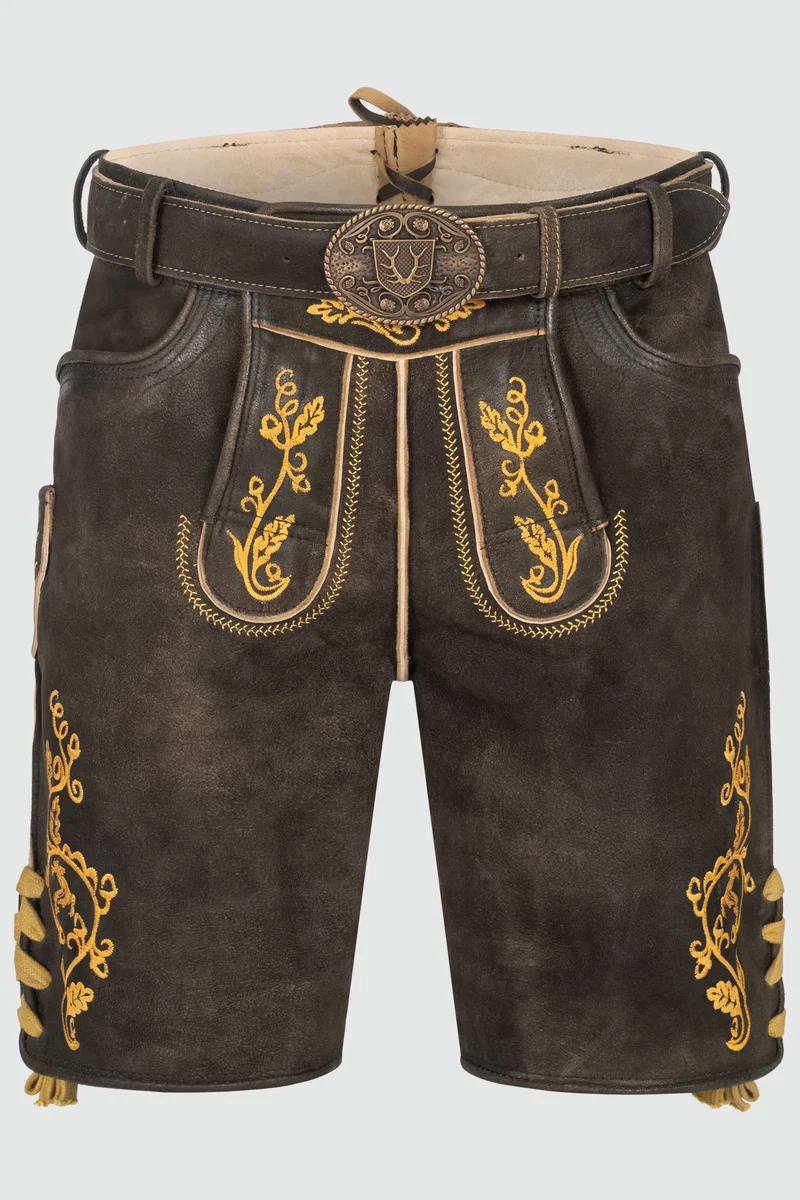 Kruger Men's Lederhosen "Tilo" with Belt - Brown/Yellow