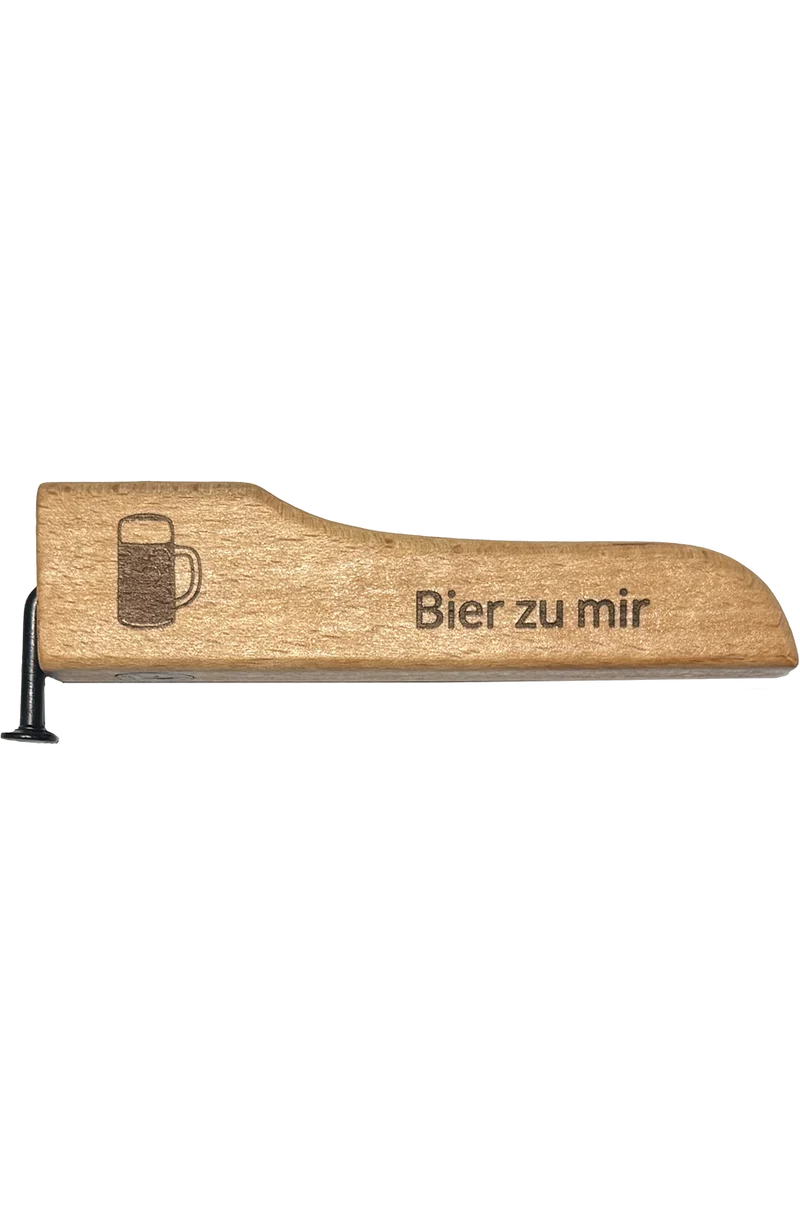Flaschenöffner Holz mit Spruch und Nagel - bier zu mir