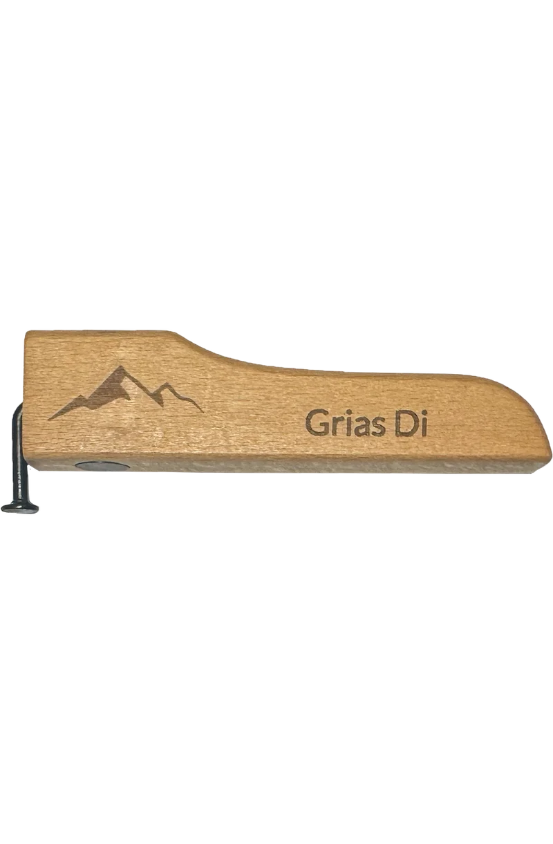 Flaschenöffner Holz mit Spruch und Nagel - grias di