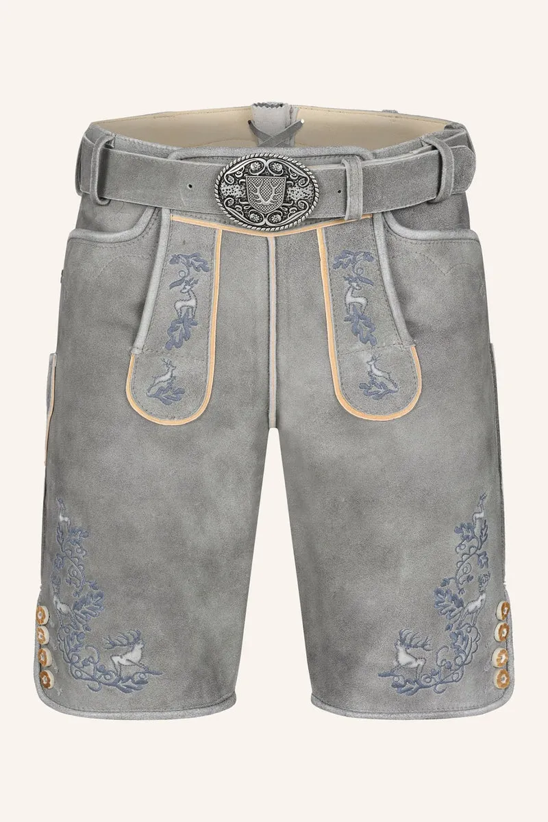 Kruger Men's Lederhosen "Berat" with Belt - Gray