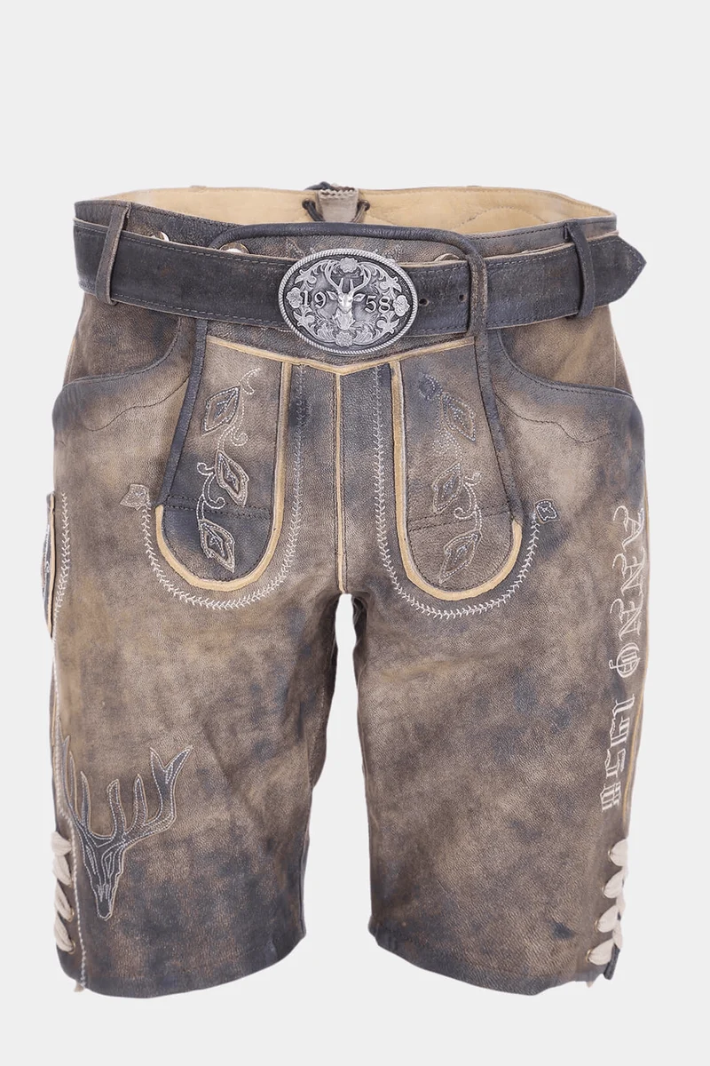Kruger Men's Lederhosen "Anno 1958" with Belt - Brown