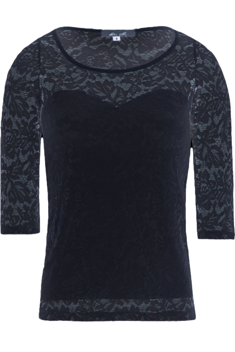Damen Trachten-Spitzenshirt mit 3/4-Arm elastisch - dunkelblau