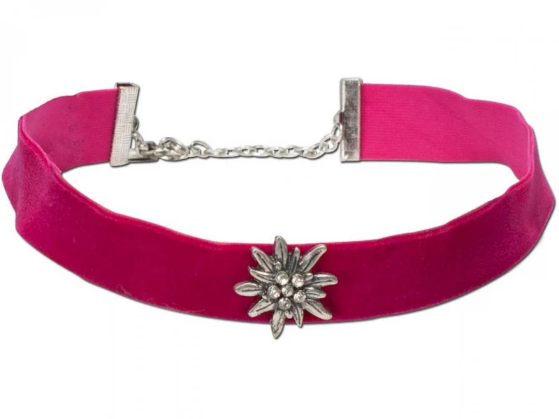 Samtkropfband breit mit Edelweiß pink