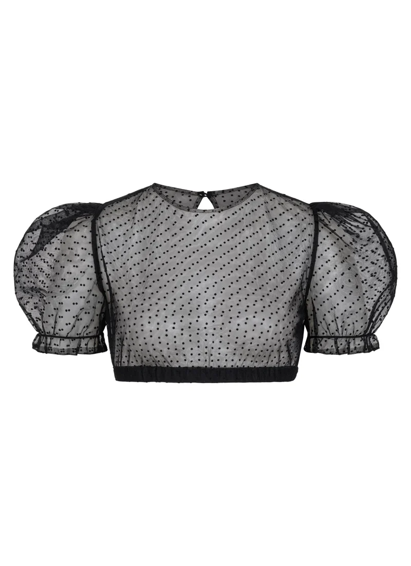 DIRNDLBLUSE TÜLL POLKA DOTS PUFFÄRMEL SCHWARZ