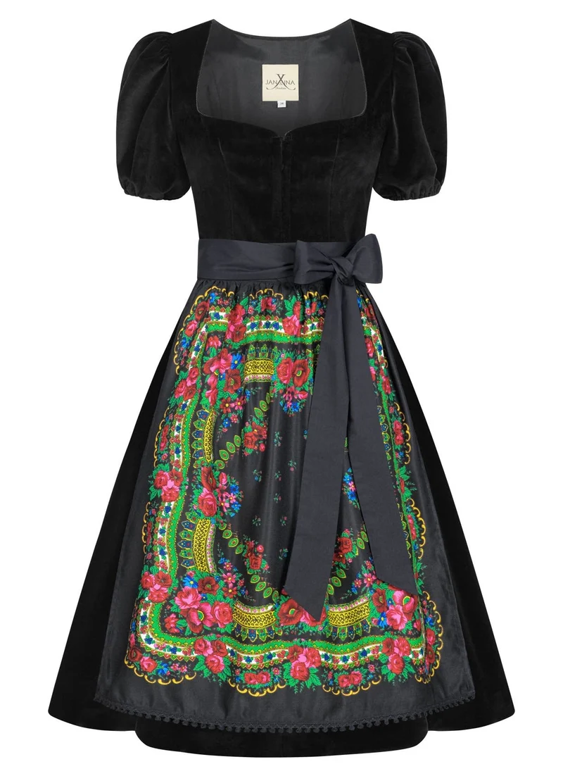SAMT DIRNDL BLACK VELVET EDITION FOLKLORE SCHWARZ MIT 2 SCHÜRZEN