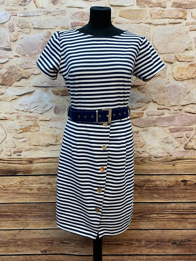 Vintage Streifenkleid Dunkelblau Weiß – 50er Jahre Stil Gr. XL