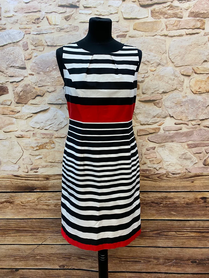 Vintage Streifenkleid Schwarz Weiß Rot – 50er/60er Stil Gr. 36
