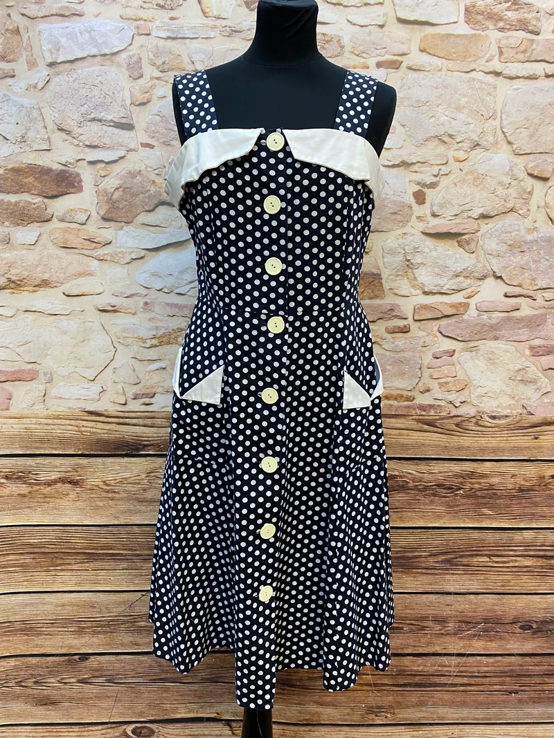 50er Jahre Kleid Schwarz Weiß Gr. 40 – gepunktetes Rockabilly Kleid mit Creme-Details