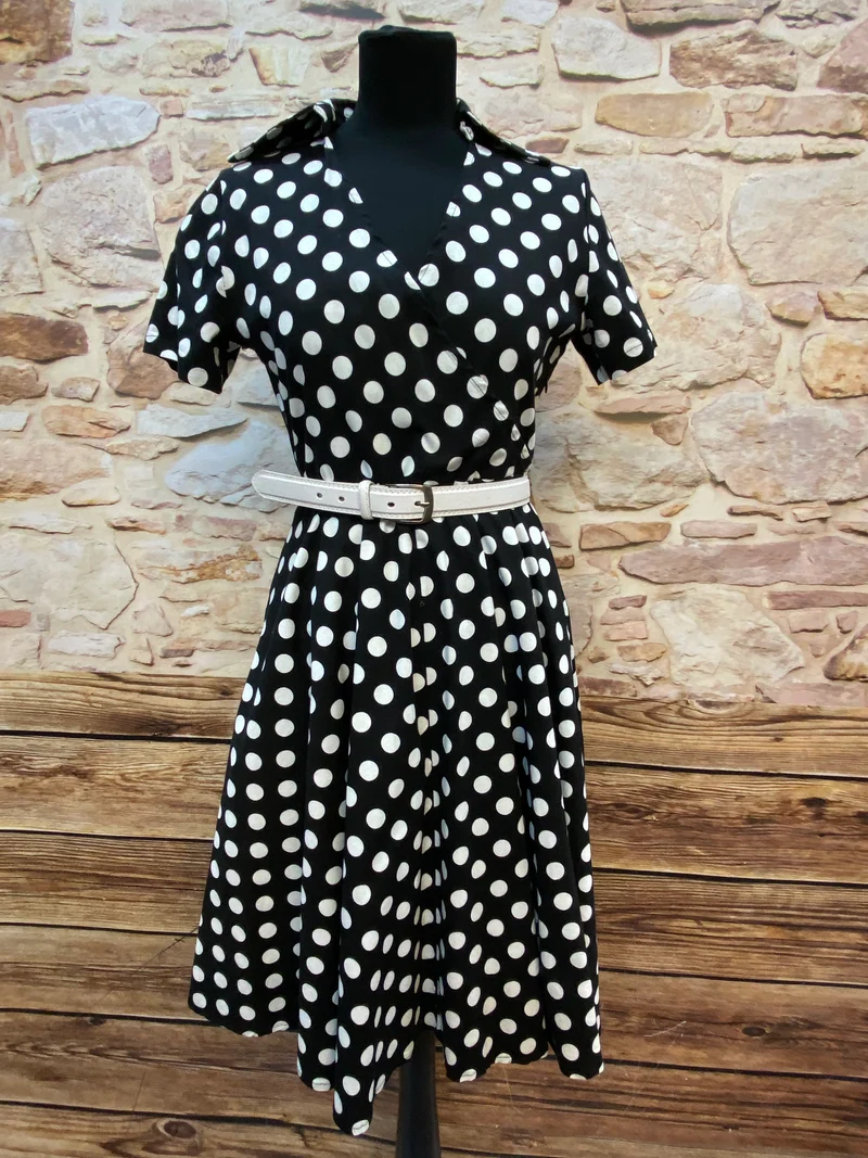 50er Jahre Kleid Schwarz Weiß Gr. 42 – gepunktetes Rockabilly Kleid mit weißem Gürtel
