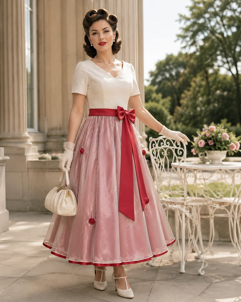 50er Jahre Kleid Gr. 32 – Creme-Rosa Abendkleid mit roter Schleife
