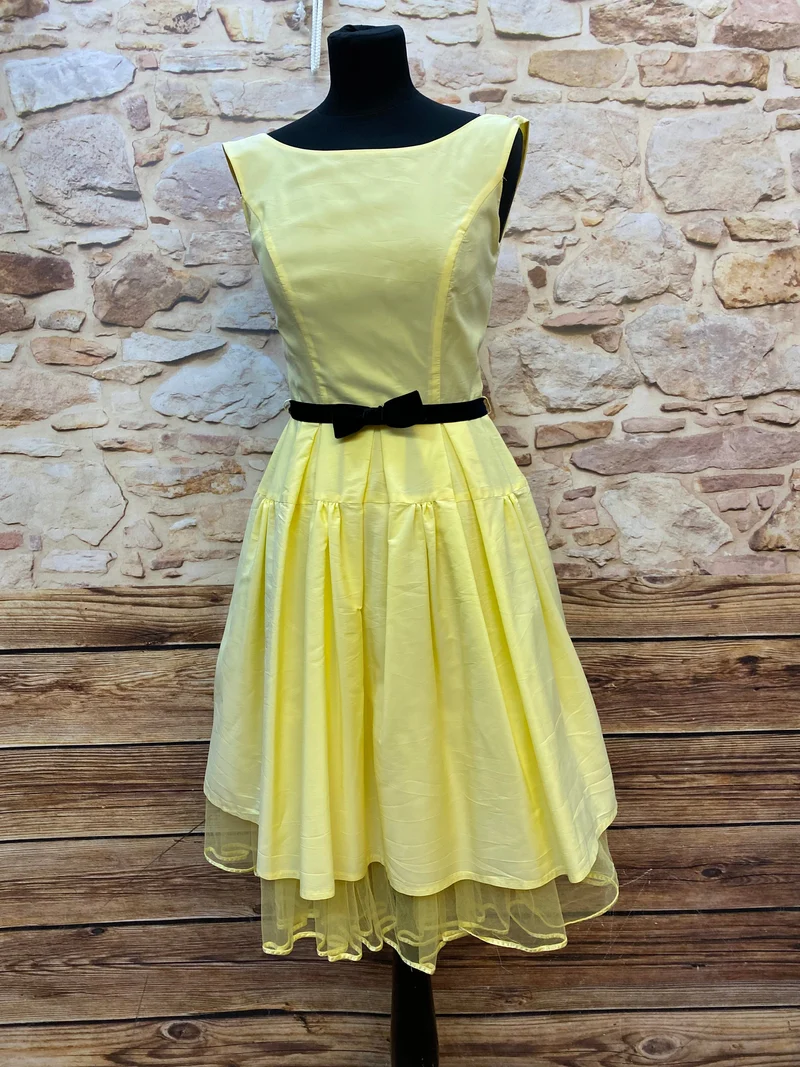 50er Jahre Kleid Hellgelb Gr. 34 – Swing Kleid mit Samtgürtel