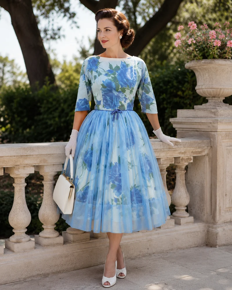 Original Vintage 50er Jahre Kleid Hellblau Gr. 32/34 – handgefertigtes Blumenkleid mit Tüllrock