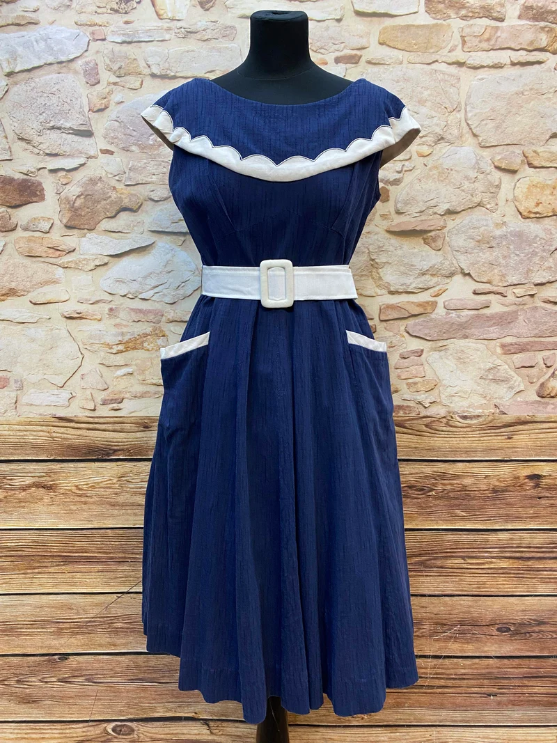 50er Jahre Kleid Damen Vintage Blau Weiß Gr. 42 | Original Matrosenkleid handgefertigt