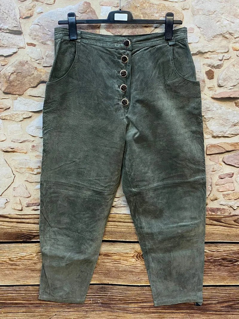 Vintage Damen Trachtenlederhose lang Gr. 46 olivgrau - Alphorn