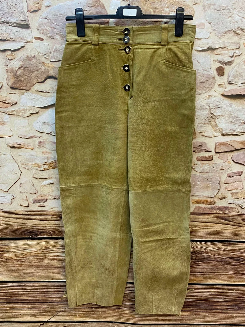 Vintage Damen Trachtenlederhose lang Gr. 42 olivbraun – Almenrausch München