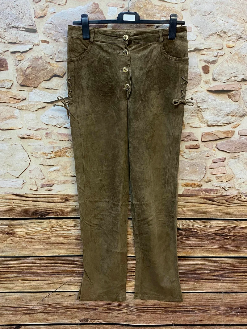 Vintage Damen Trachtenlederhose lang Olivbraun Gr. 42
