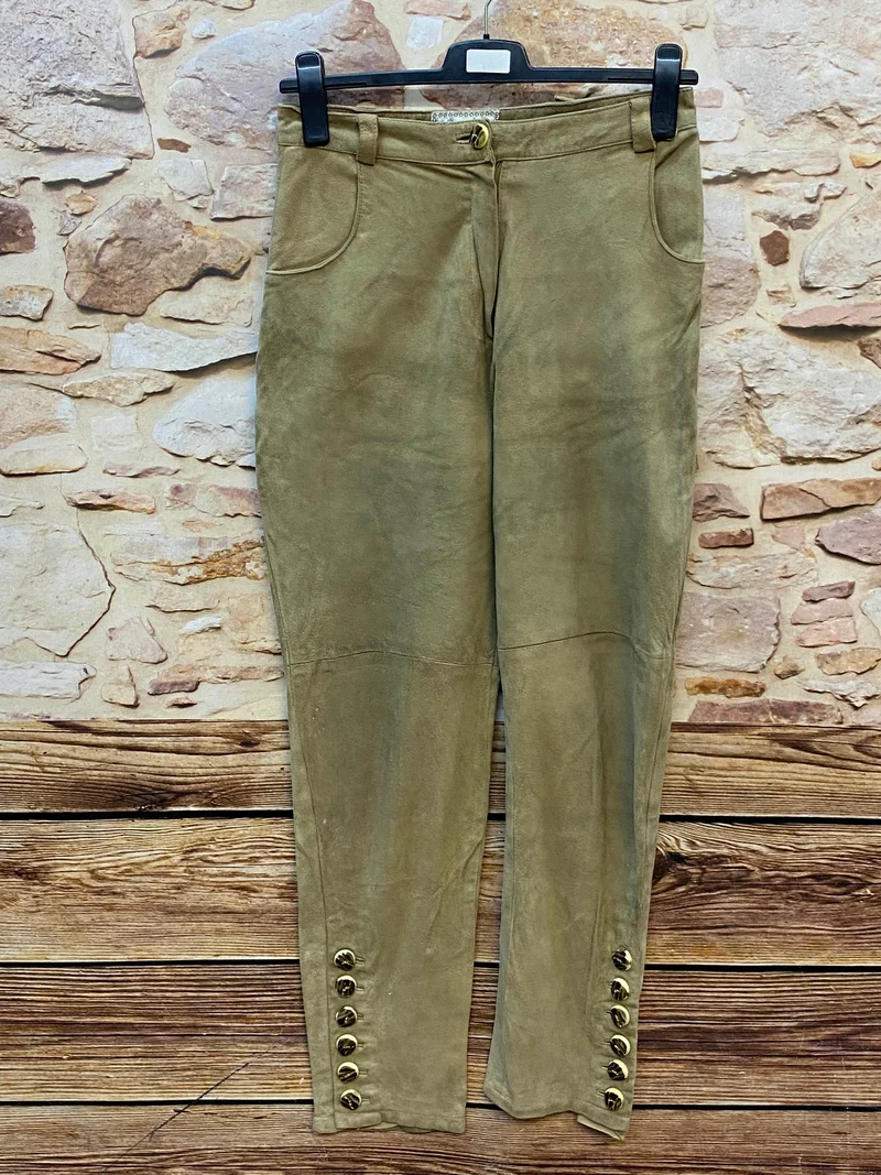 Vintage Damen Trachtenlederhose lang Olivbraun Gr. 42