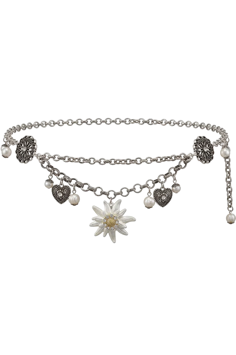 Damen Trachten Kettengürtel mit Perlen und Edelweiß - altsilber