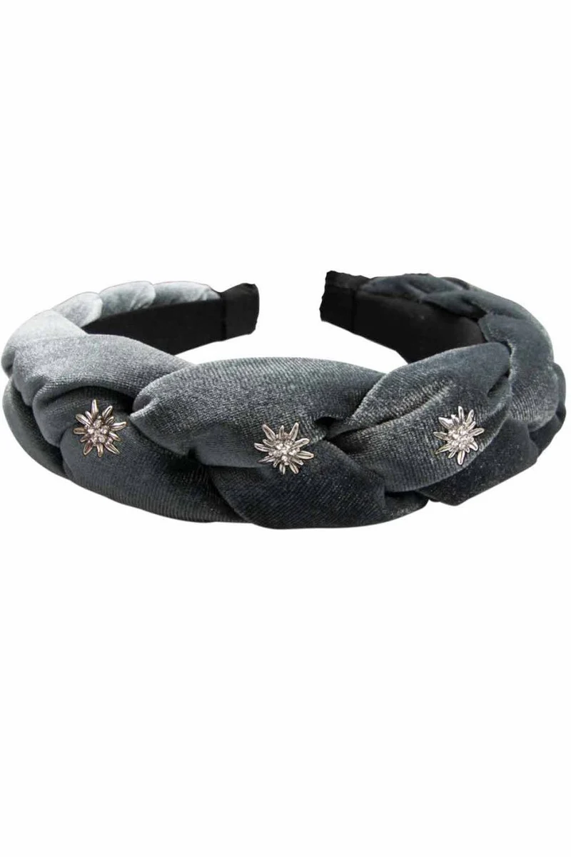 Samt-Haarreif Flechtoptik & Strass-Edelweiß grau