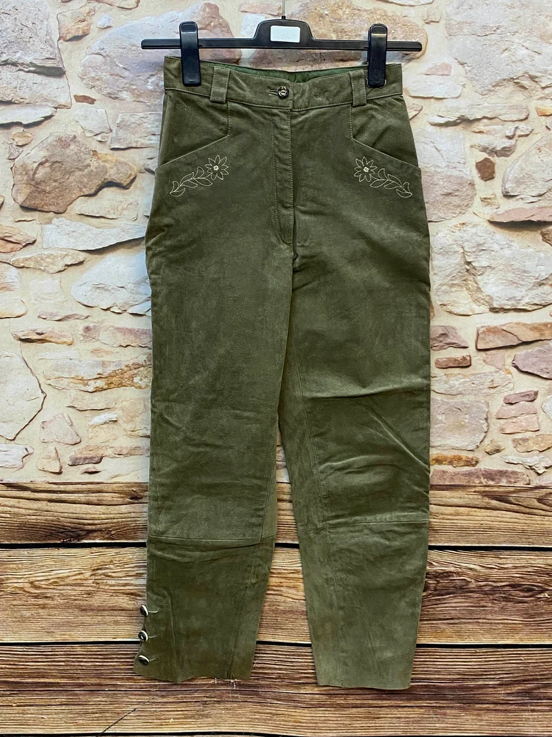 Damen Lederhose Gr. 36 – lange olivgrüne Trachtenlederhose aus Leder